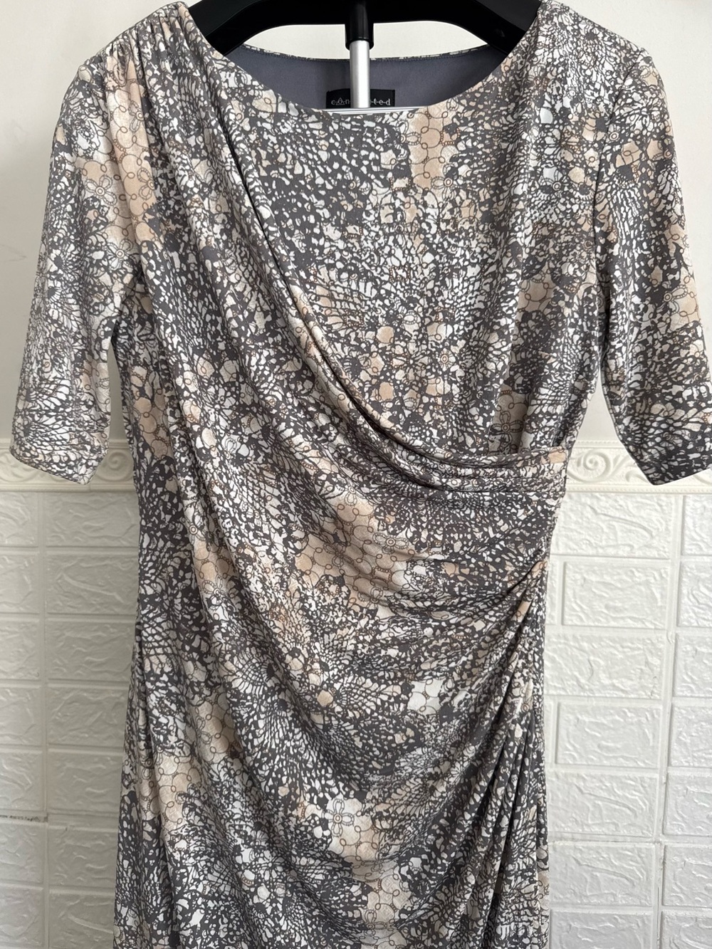 connected apparel Gray and Beige Abstract Draped Midi Dress
